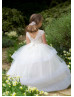 Beaded Neck Ivory Lace Tulle Flower Girl Dress With Horsehair Trim